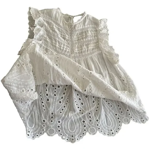 Zara White Top Blouse Ruffle Sleeve Crewneck Romantic Style Formal Size XS - Picture 4 of 10